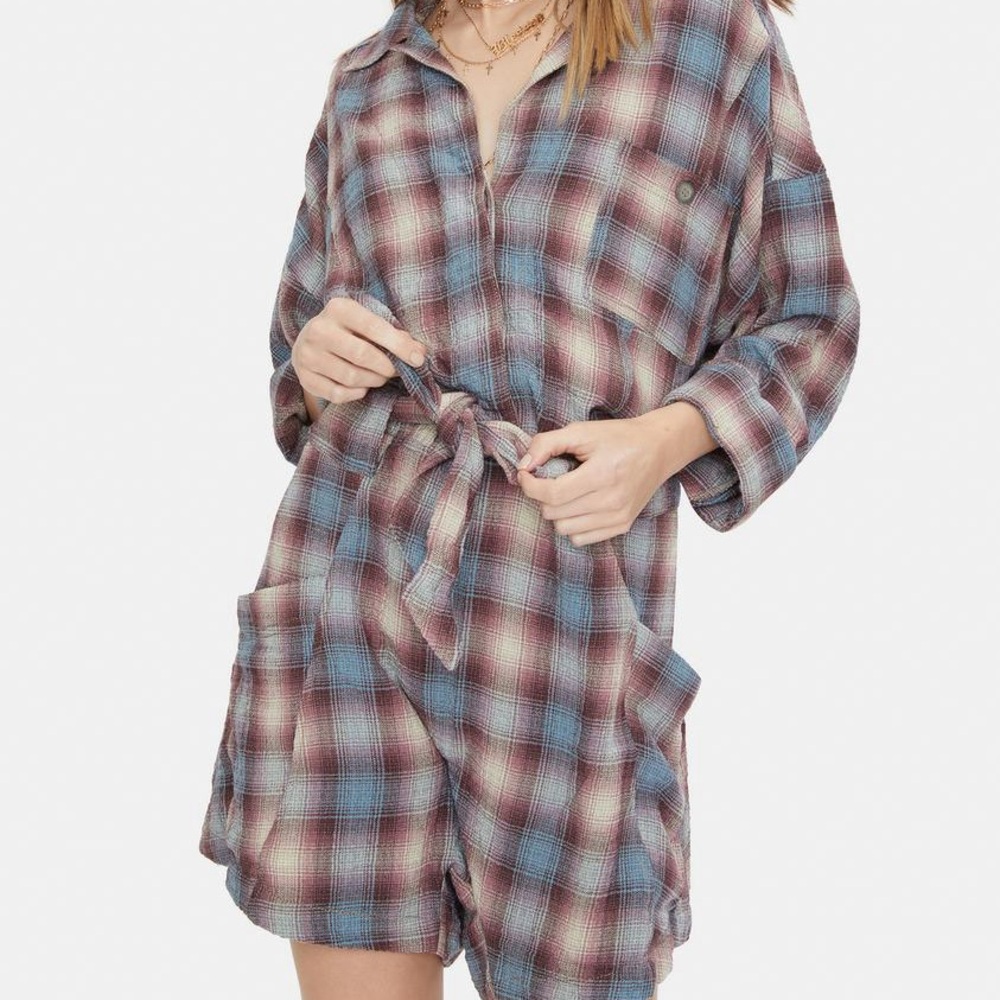 Free People Plaid Jumpsuit in Blue and Brown